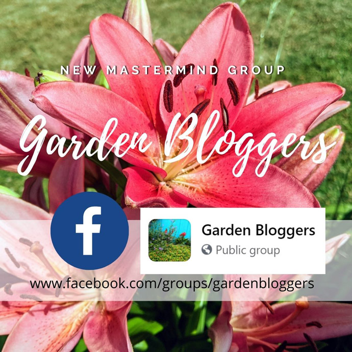 Garden Bloggers Mastermind Group on Facebook - Pink Lilies with Facebook logo and "Garden Bloggers" text