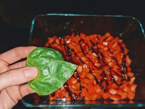 Add Fresh Basil Leaves to Chicken Bruschetta