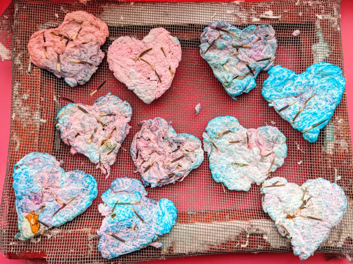 DIY Heart Tie-Dye Art Seed Paper Plantable Craft - Pink, Purple, and Blue Paper Hearts with Marigold Seeds on a Screen