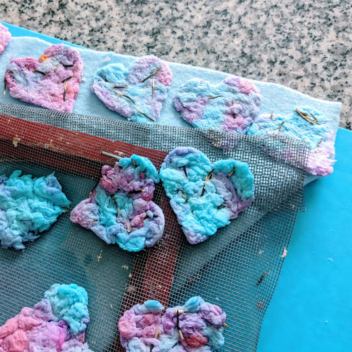 Handmade Paper Hearts Plantable Seed Paper for Mailing - Blue, Pink and Purple Tie-Dye hearts on a screen