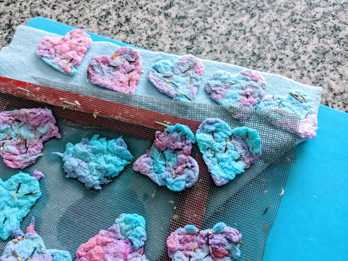 Handmade Paper Hearts Plantable Seed Paper for Mailing - Blue, Pink and Purple Tie-Dye hearts on a screen