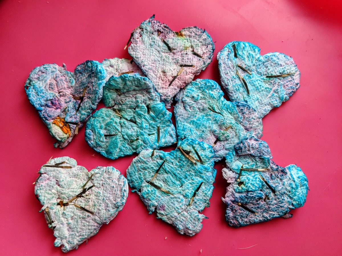 Tie-Dye Seed Art Heart Paper for Planting - Blue hearts with marigold seeds on a dark pink background