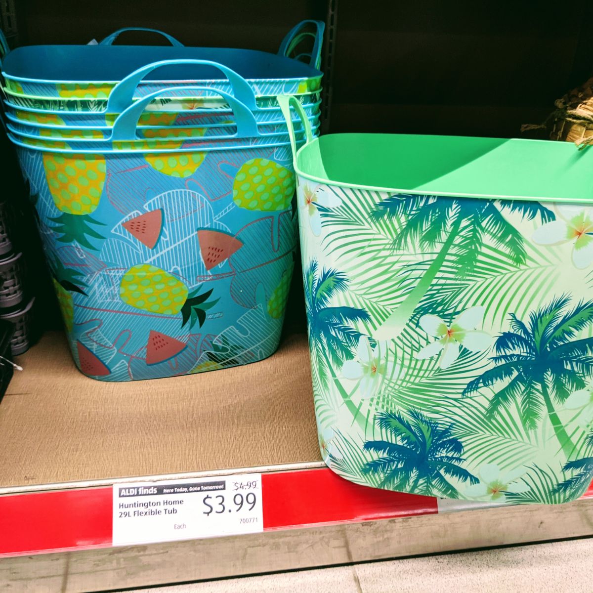 Blue and green tropical tubs for sale at Aldi in December 2021