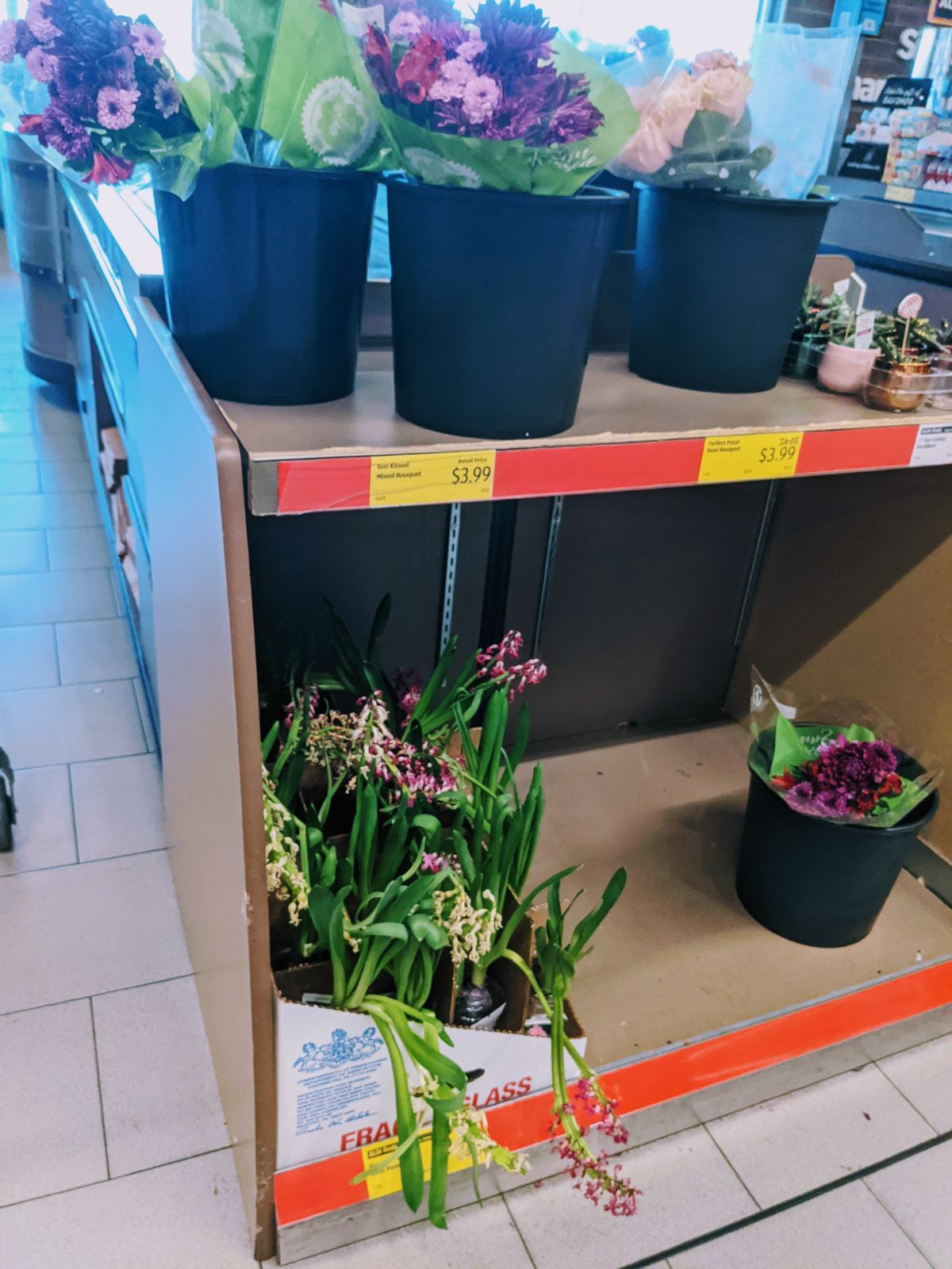 Mixed bouquets and hyacinths in vases at Aldi's