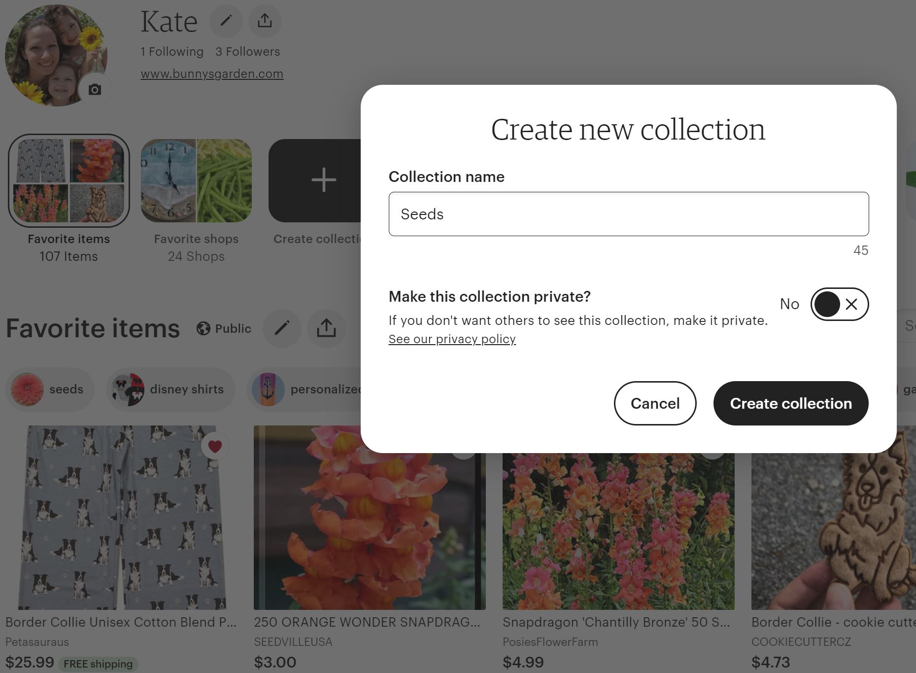 Create Collection on Etsy favorites list