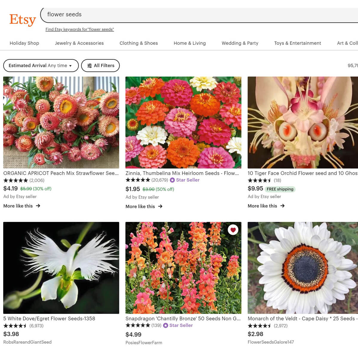 Etsy seeds for sale - lots of pretty flowers in pinks orange,  coral and white