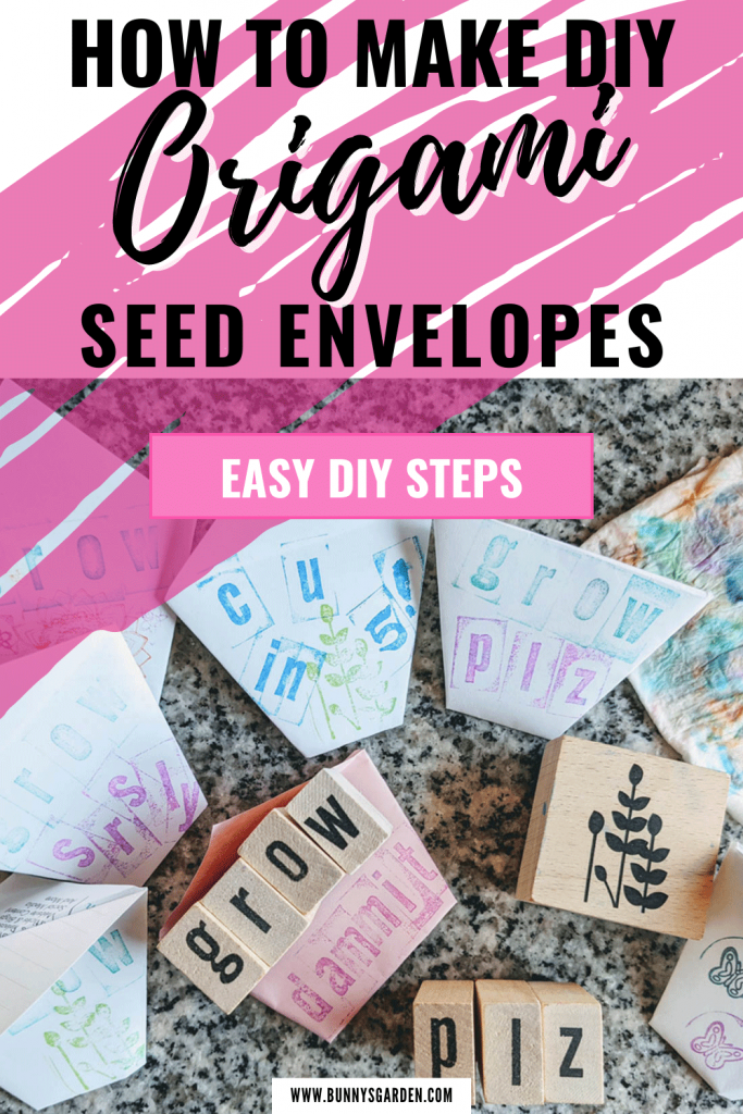 DIY Easy Origami Seed Cups / Envelopes | How To - pinterest image with rubber stampers and paper origami cups