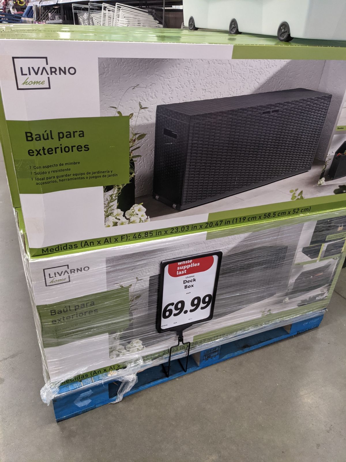 Outdoor toy box / deck box for sale at Lidl Royersford (February 2023)