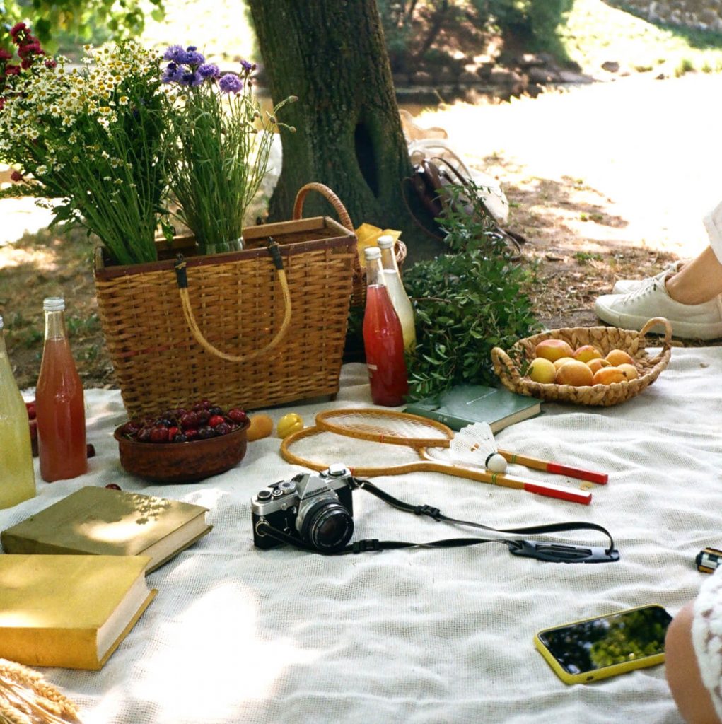 Backyard Garden Picnic Party with basket, flowers, and camera - Photo by Kristina Snowasp from Pexels