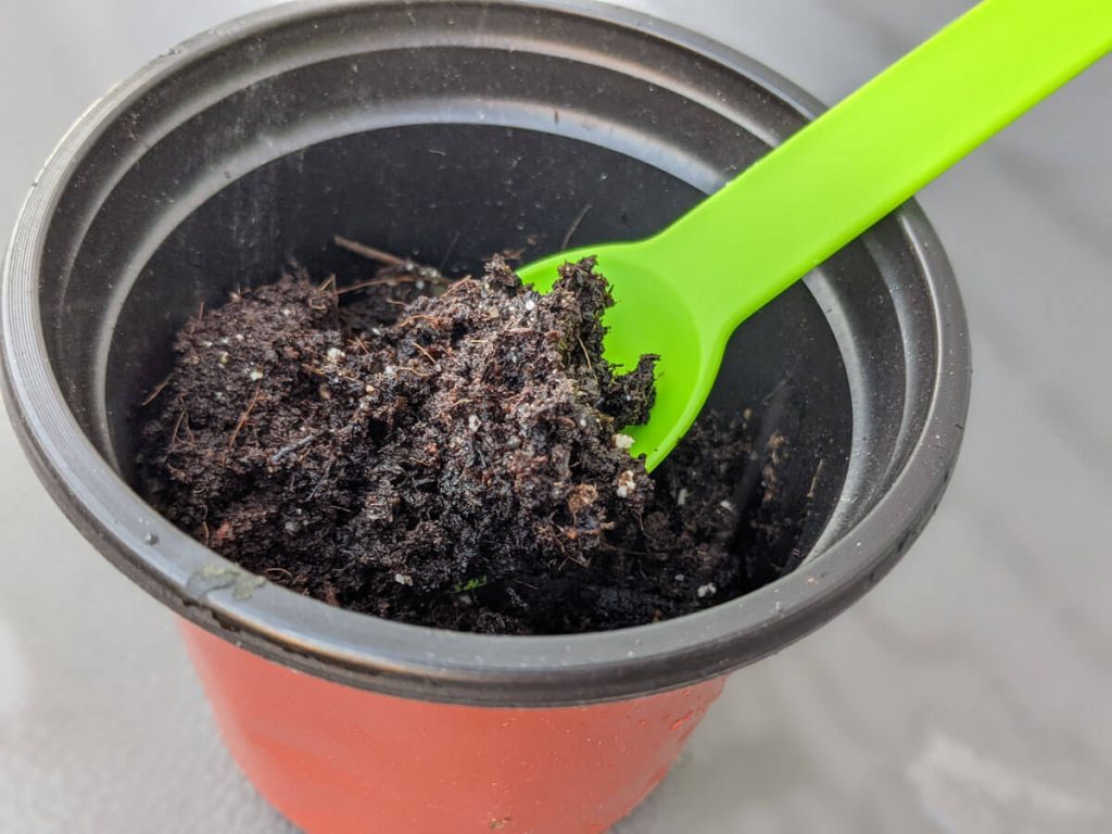 Lovely texture of Promix Potting Soil in a nursery pot with a green spoon