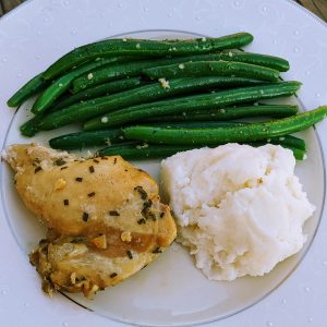 Garlic Rosemary Chicken Thighs, boneless, skinless with green beans and mashed potatoes