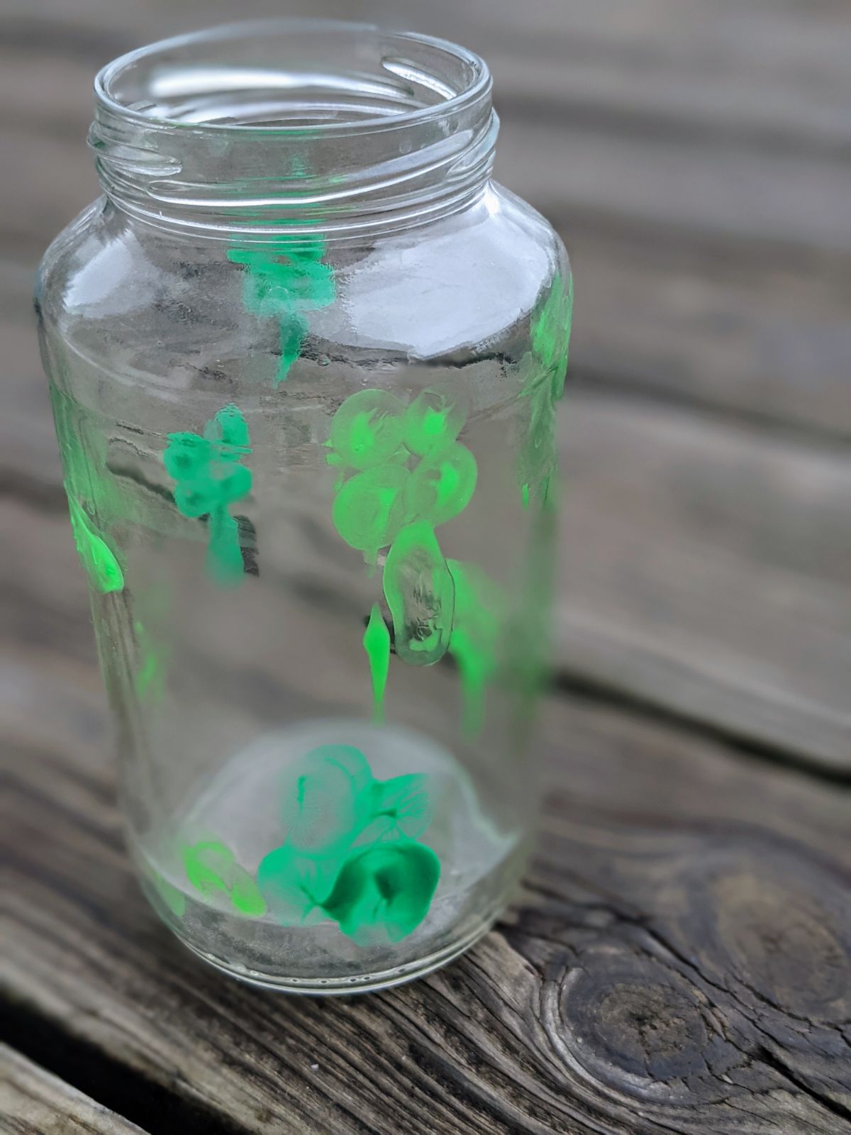 DIY Thumb + Puffy Paint Clover = shamrock vase outside on the deck