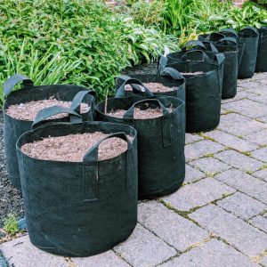 All the Fabric Grow Bags I filled with soil mix for our 2020 Garden!