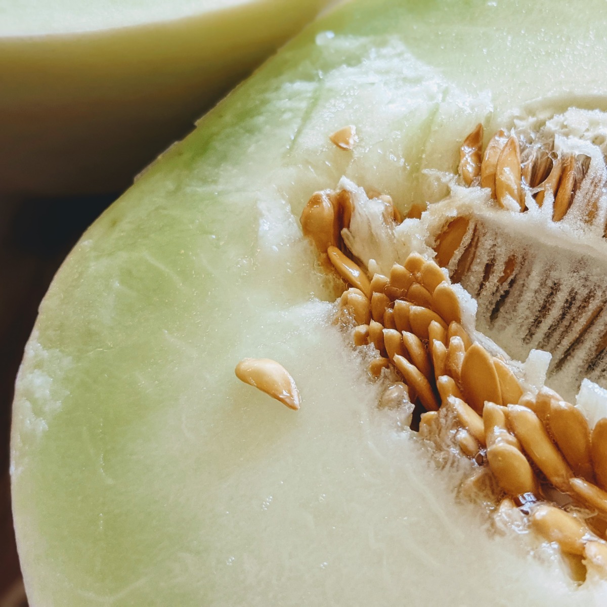 Honeydew Melon cut in half with seeds exposed