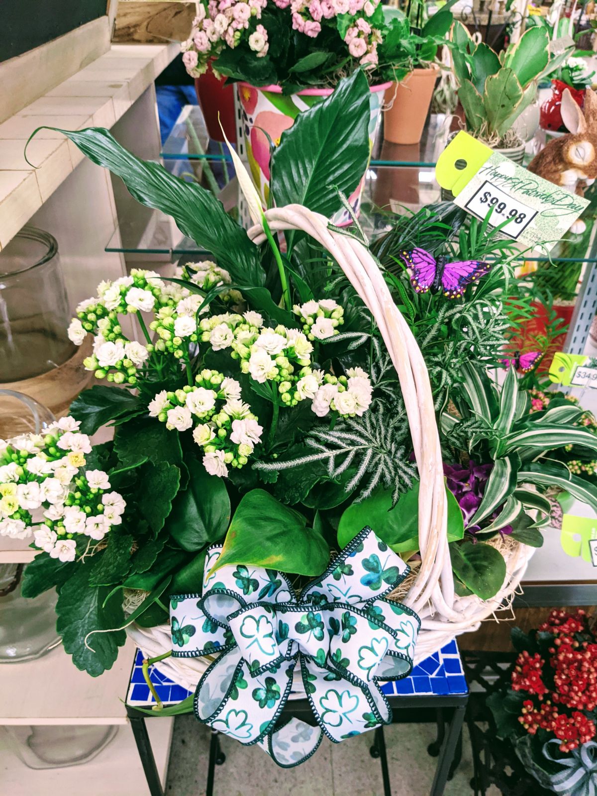 Giant Irish flower centerpiece arrangement in a basket for St. Patrick's Day, at Wendy's Flowers in Gilbertsville