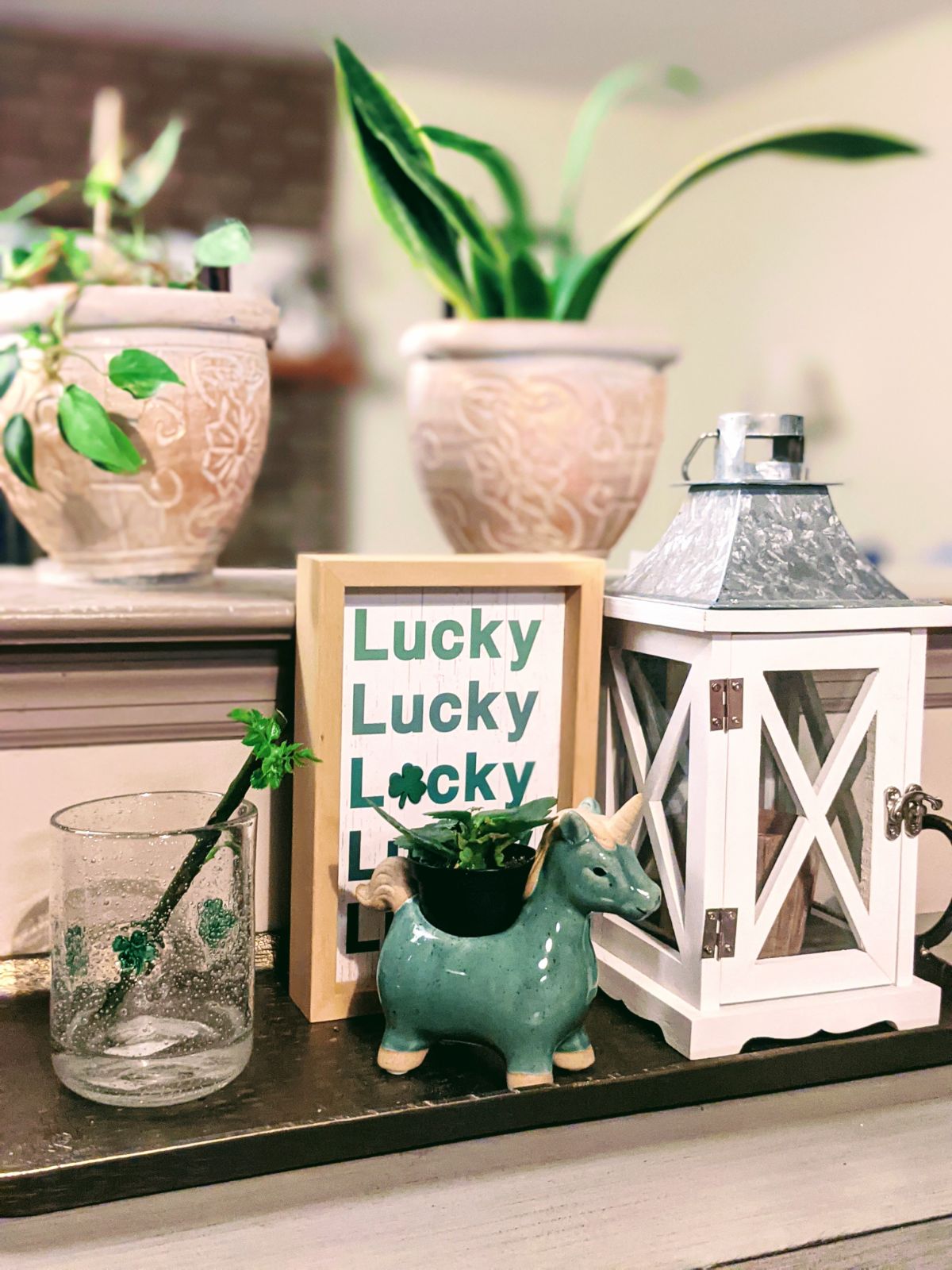 St. Patricks Day decorations indoors, featuring a Lucky sign, shamrock vase, and a green unicorn planter 