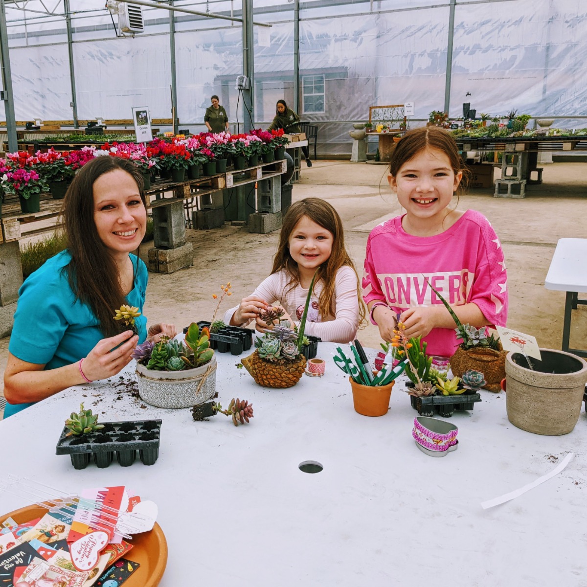 Mom and daughters at a succulent potting party, Glick's Greenhouse, Oley, PA