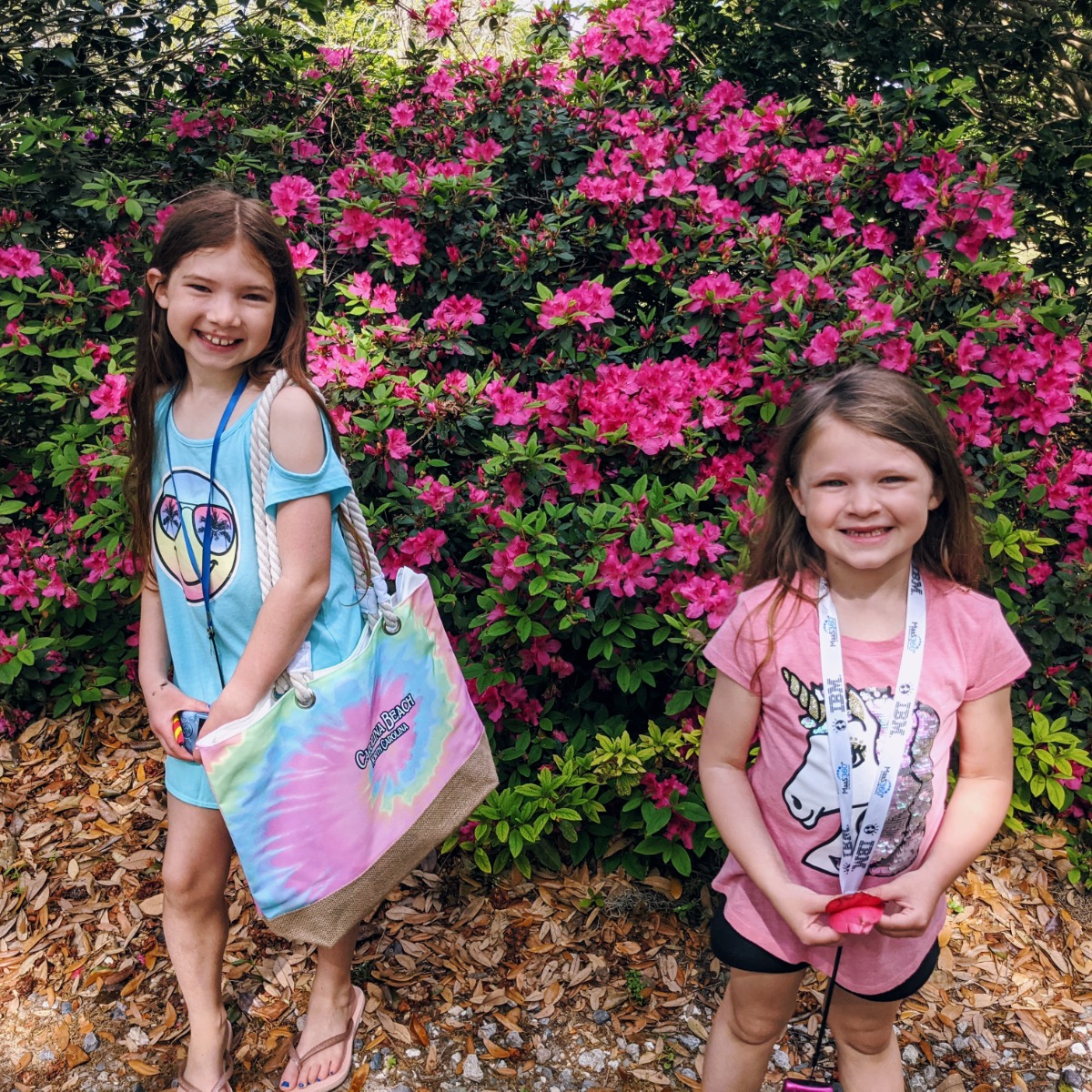 Two sisters with beautiful pink flowering shrub