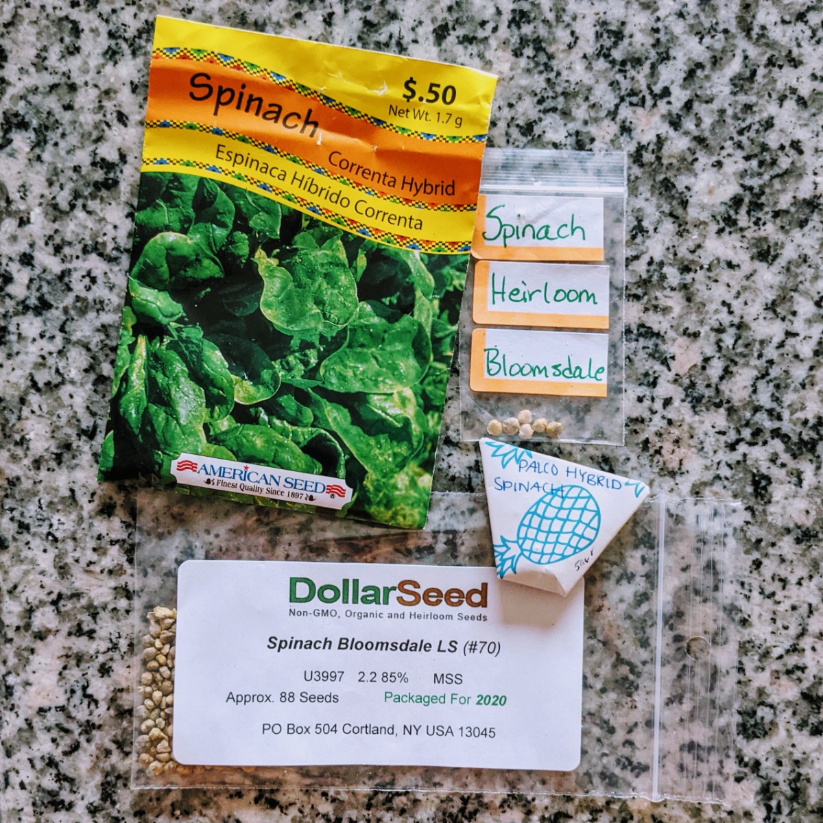 Spinach Seeds in different packages on the table