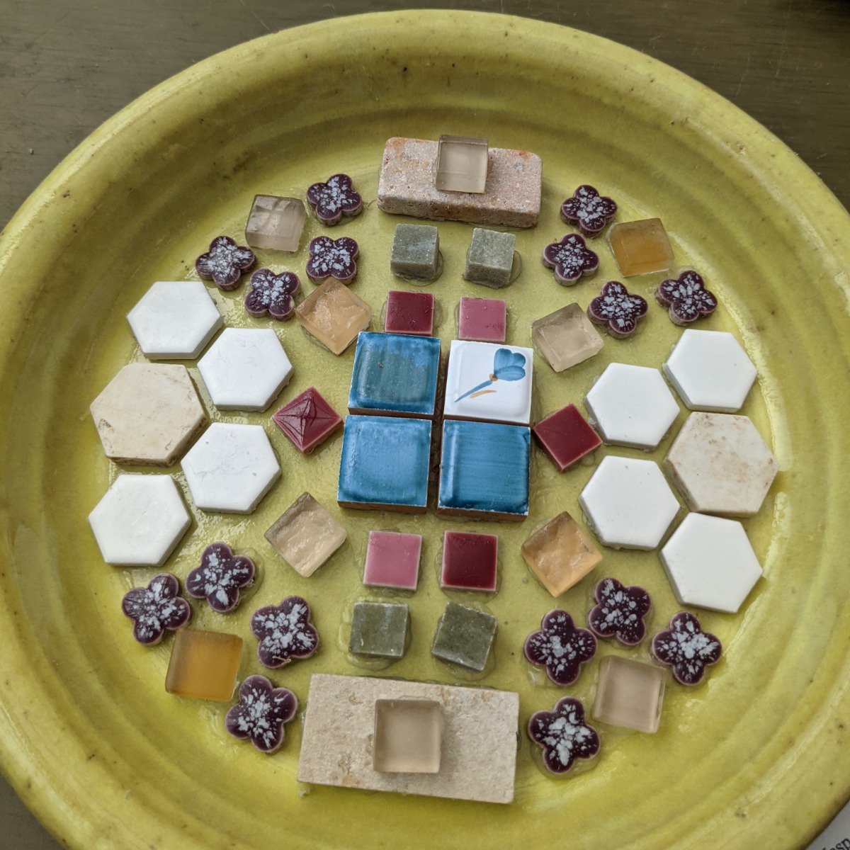 Butterfly Puddler - Pollinator Water Dish with Chartreuse saucer and many different mosaic tiles, including hexagon half-flowers