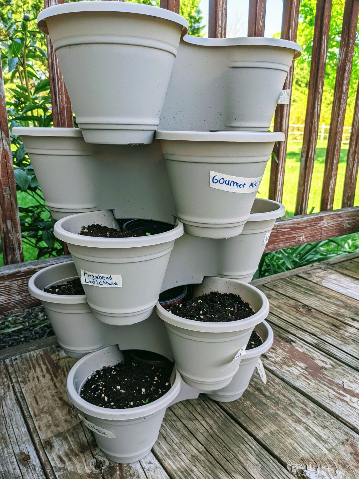 Dollar Tree tier planters stacked five high