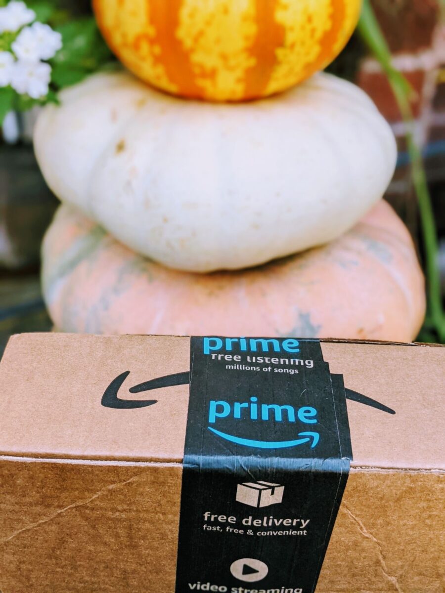 Amazon Prime Early Access Deals - Amazon Box with Pumpkin Stack on Doorstep
