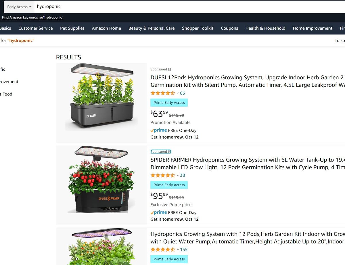 Prime early access search results on Amazon for hydroponics