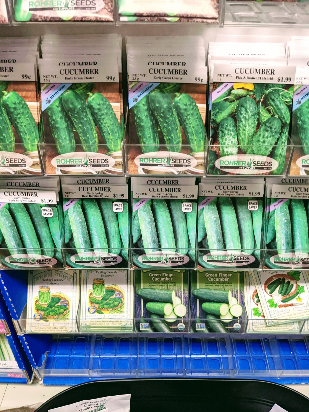 Variety of cucumber seed packets for sale at the store