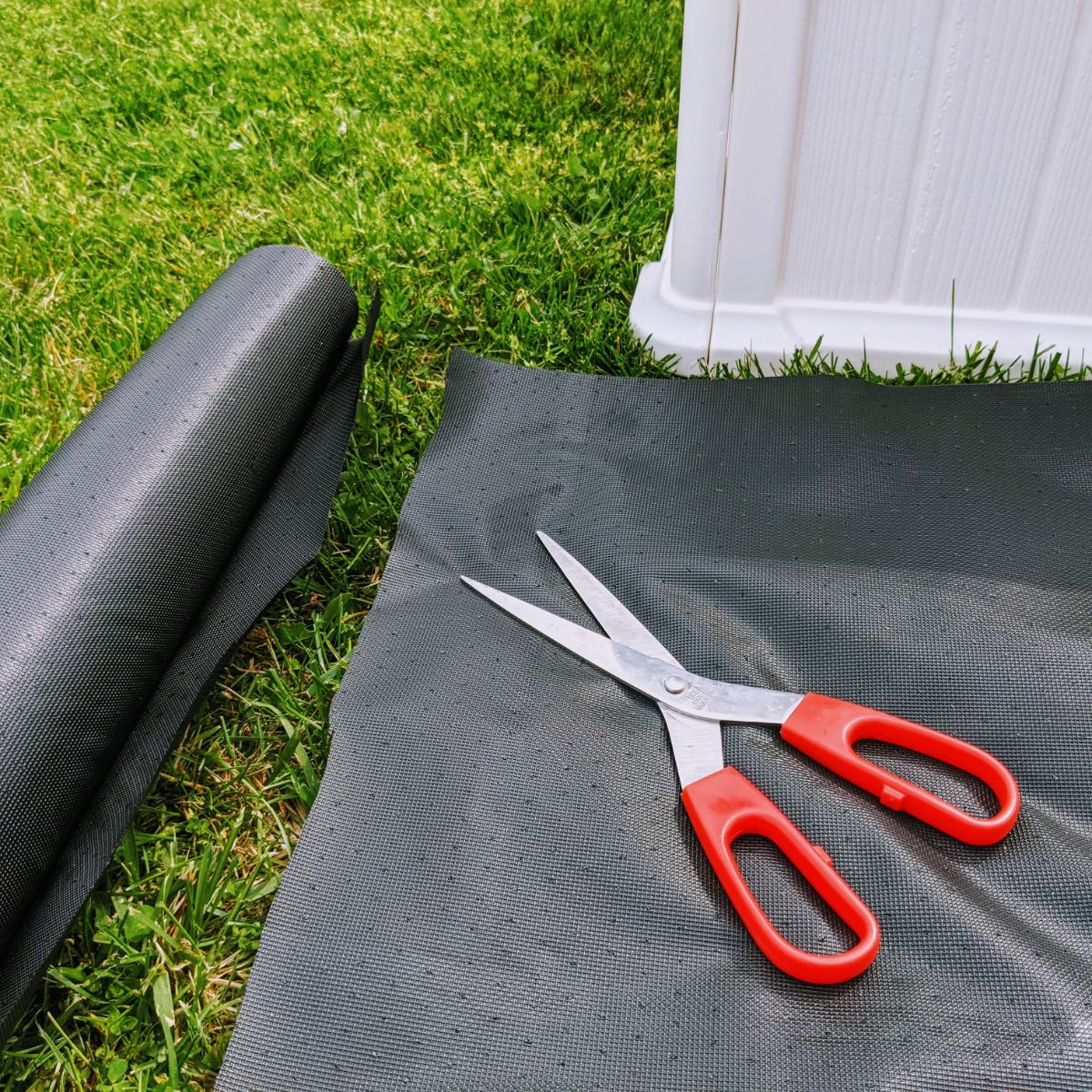 Red scissors after cutting roll of weed matting for garden box base