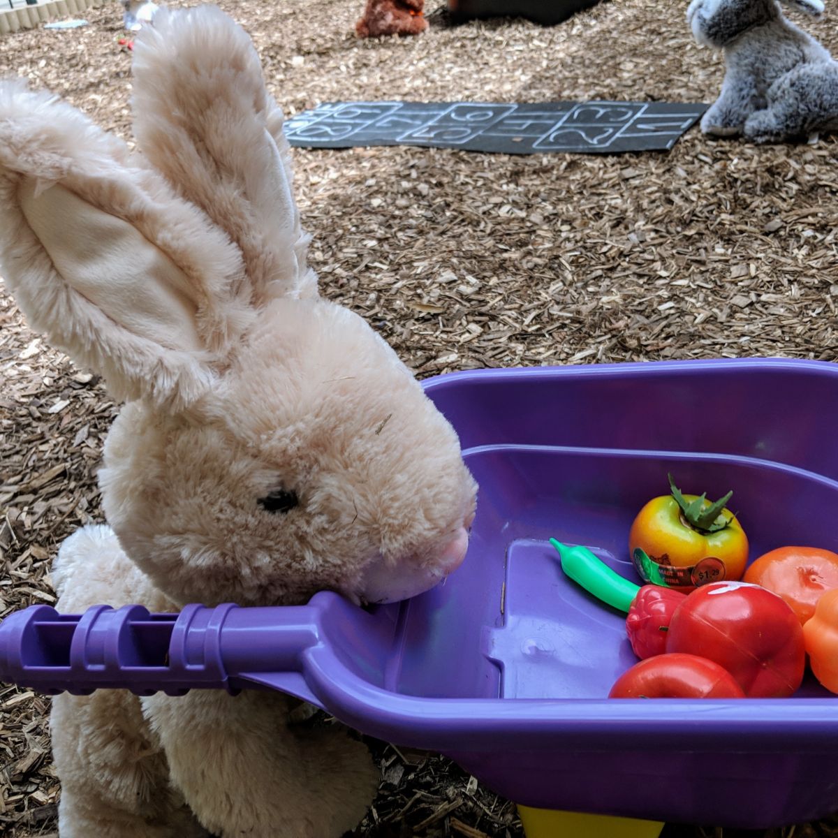 Stuffed bunny rabbit with toy wheelbarrow of vegetables