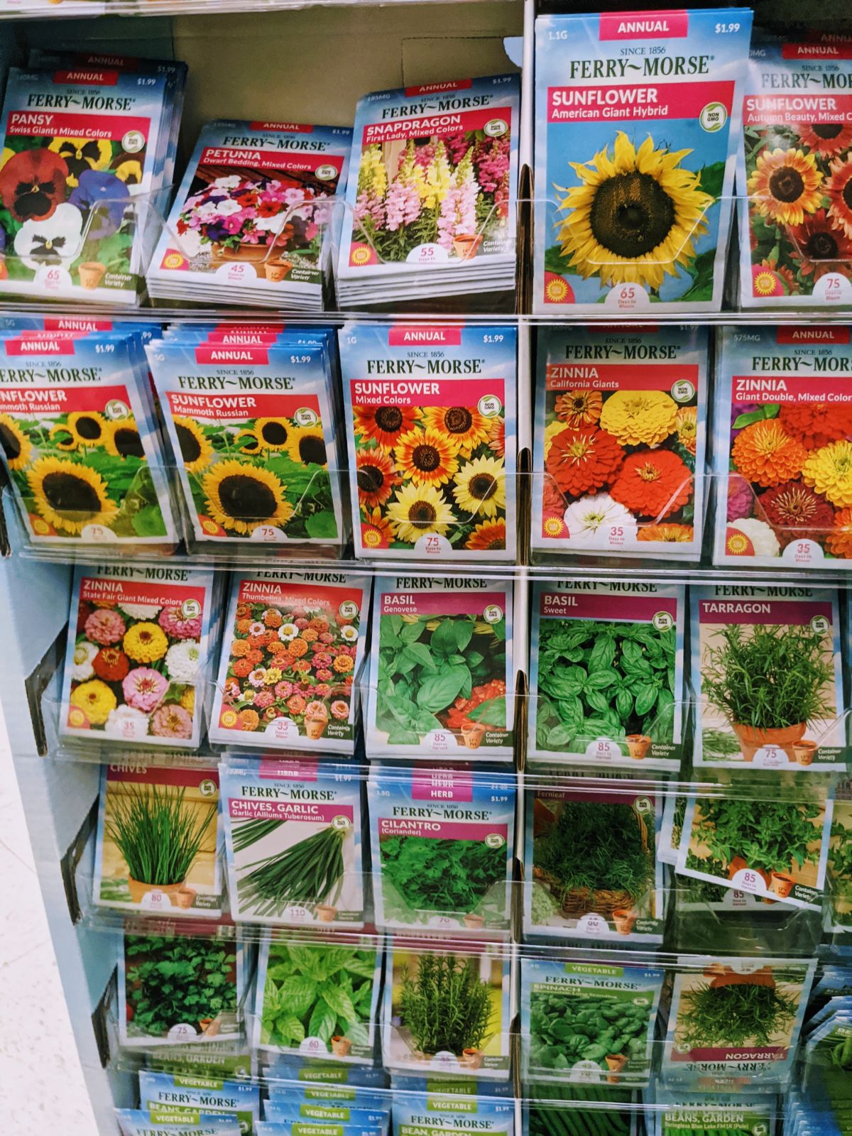 Rack of bright, colorful flower seeds like sunflowers and zinnias, with some green vegetables, available for sale at Tractor Supply