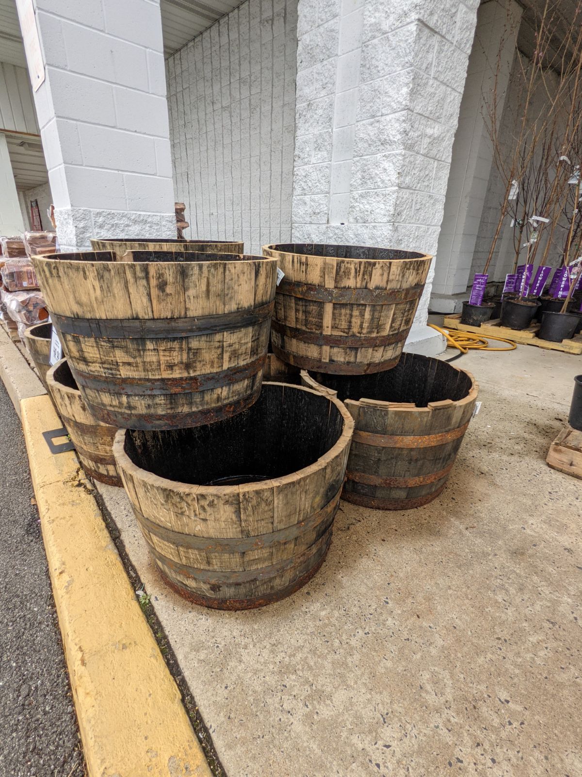 Wooden whiskey barrel planters for sale at Tractor Supply