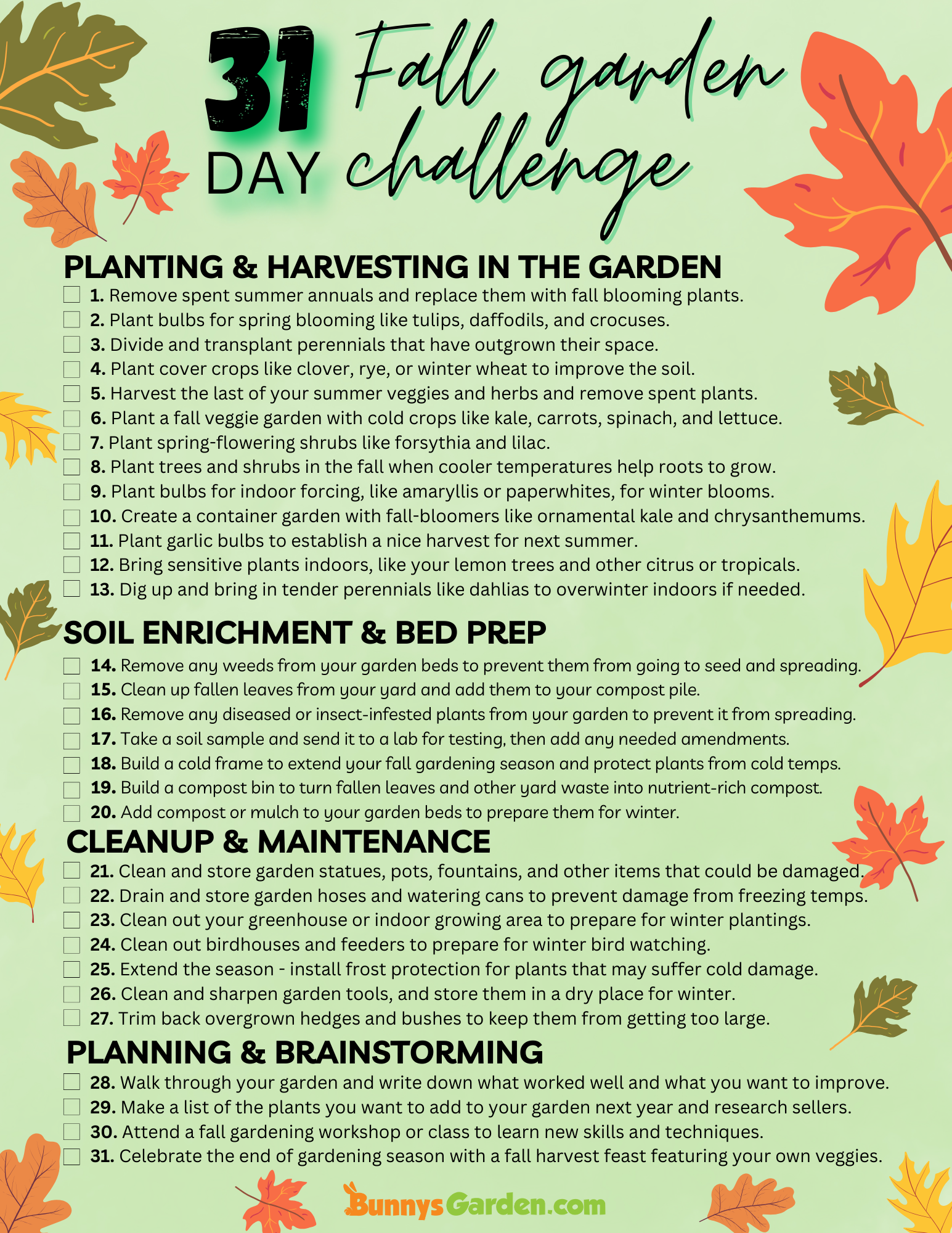 31-day fall gardening challenge checklist for chores at the end of the season