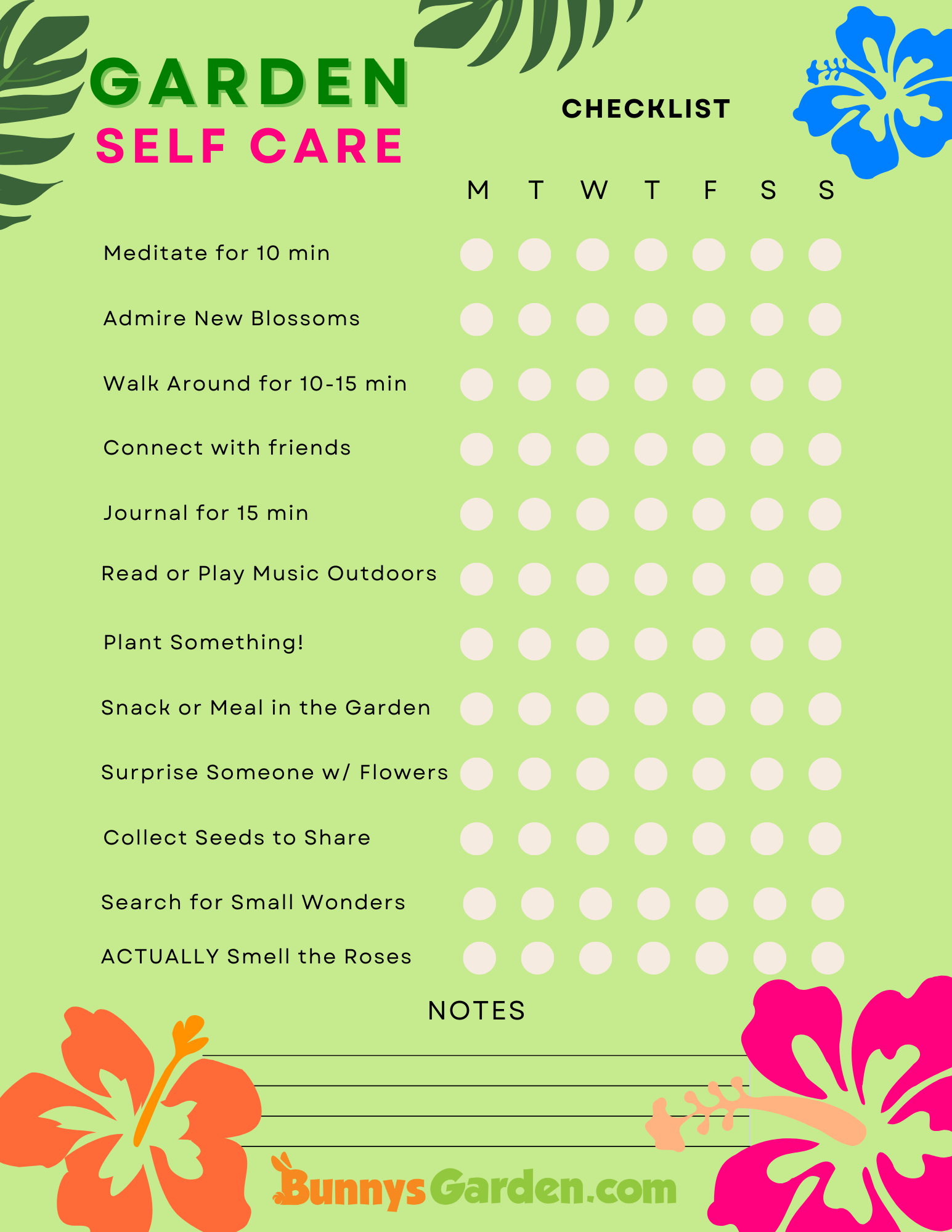 Garden Self Care Checklist - free printable for gardening featuring meditation and relaxation ideas 