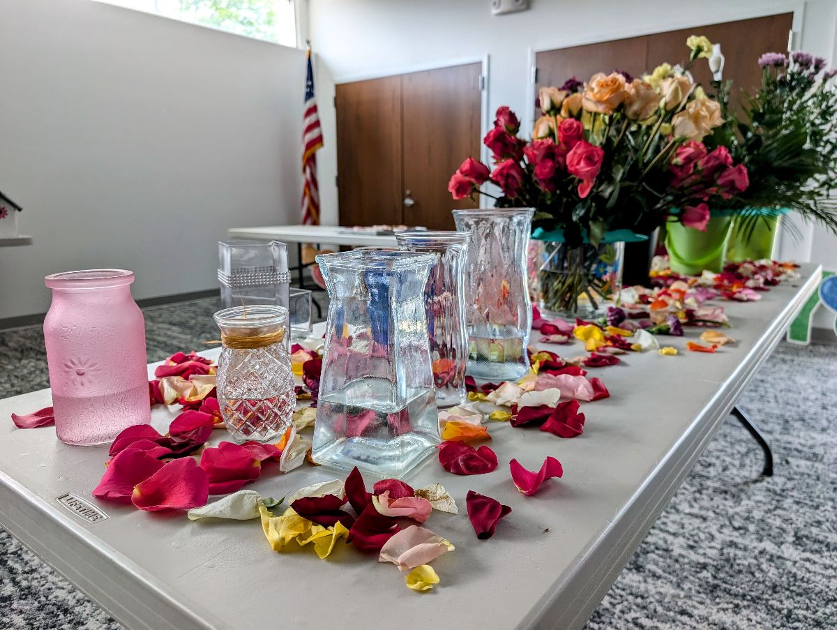 Full setup of a DIY Flower Bar experience for a teambuilder